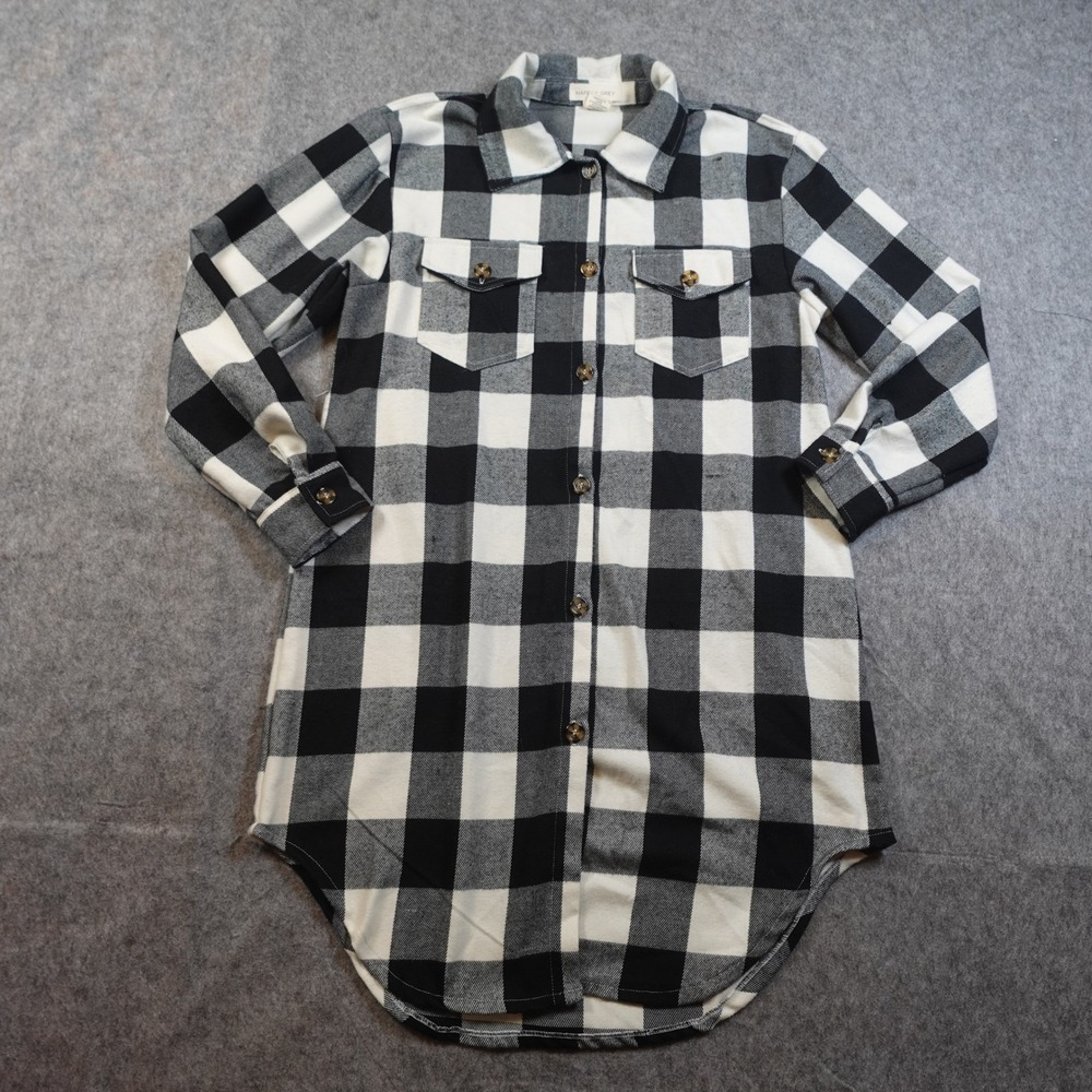 Happily Grey Dress Womens Medium Blue White Buffalo Plaid Flannel Long Sleeve